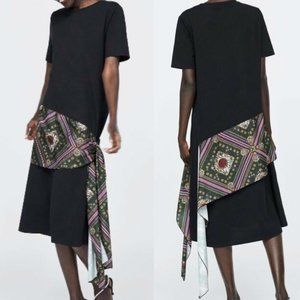 Zara Flying T-Shirt Dress w/ Side Tie Ruffle Black Size S NWT.